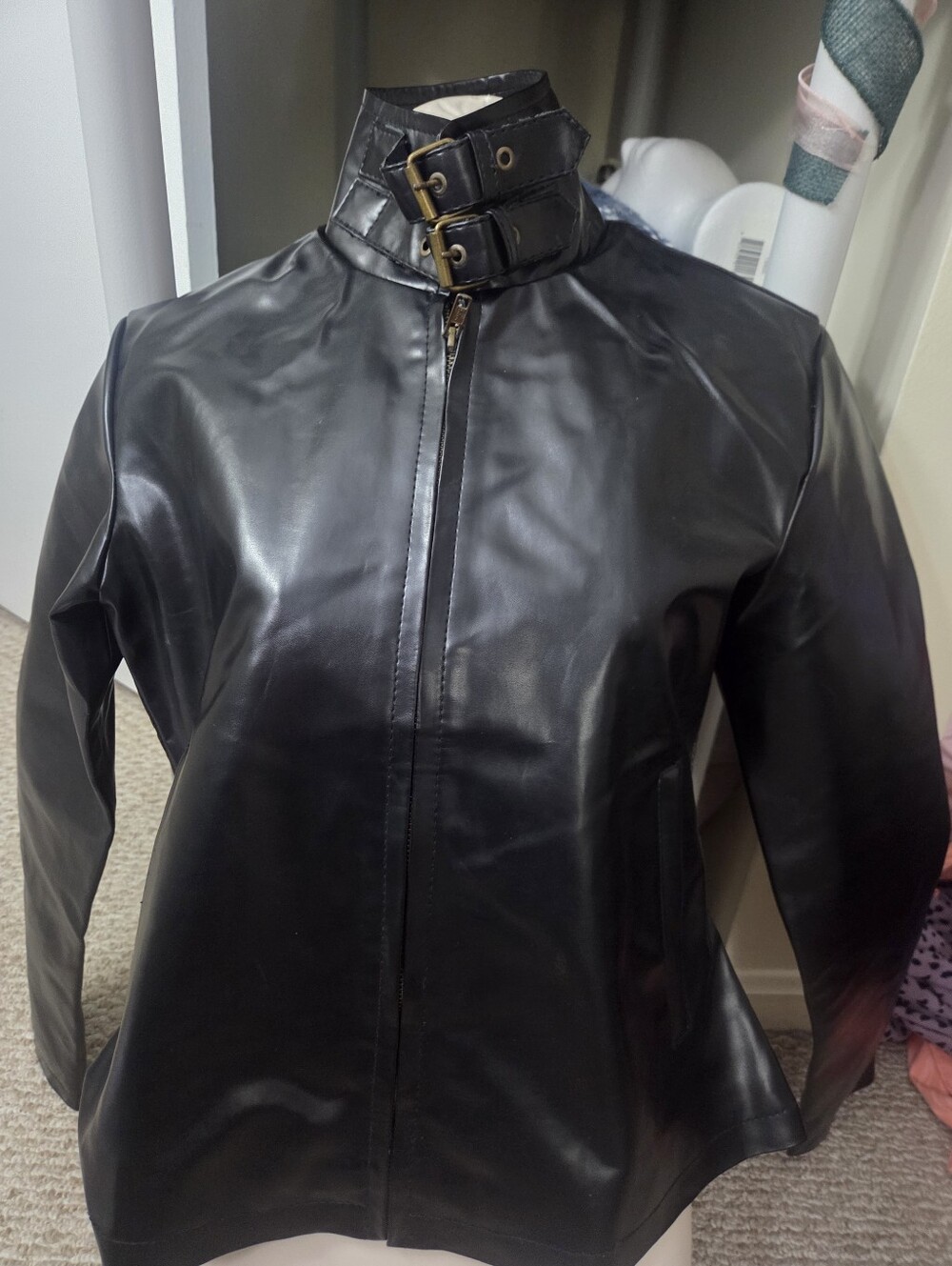 Black Unisex Leather Zip Jacket with Buckle Collar
